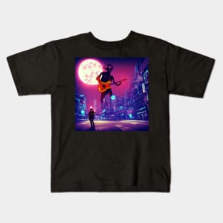 Giant Robot Guitar Player In The City Kids T-Shirt